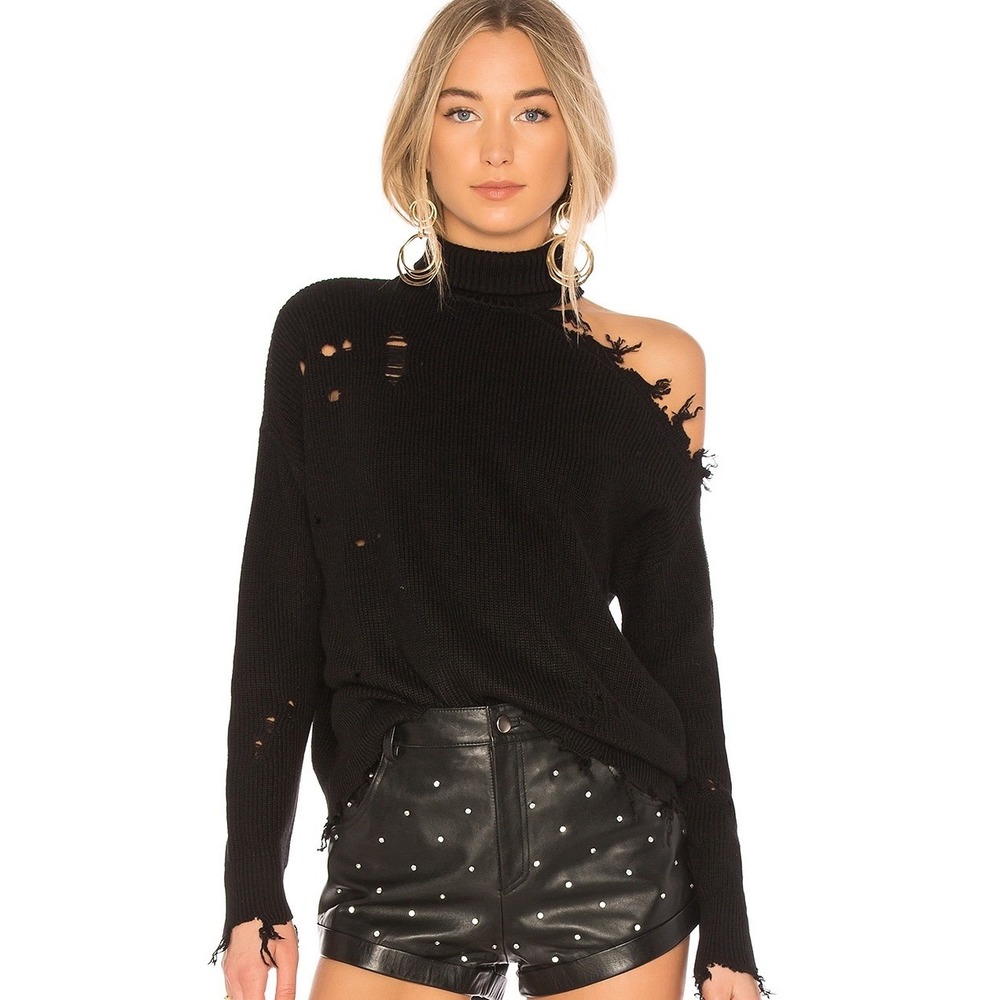 Lovers + Friends Arlington Sweater M Black Distressed Off Shoulder Turtleneck